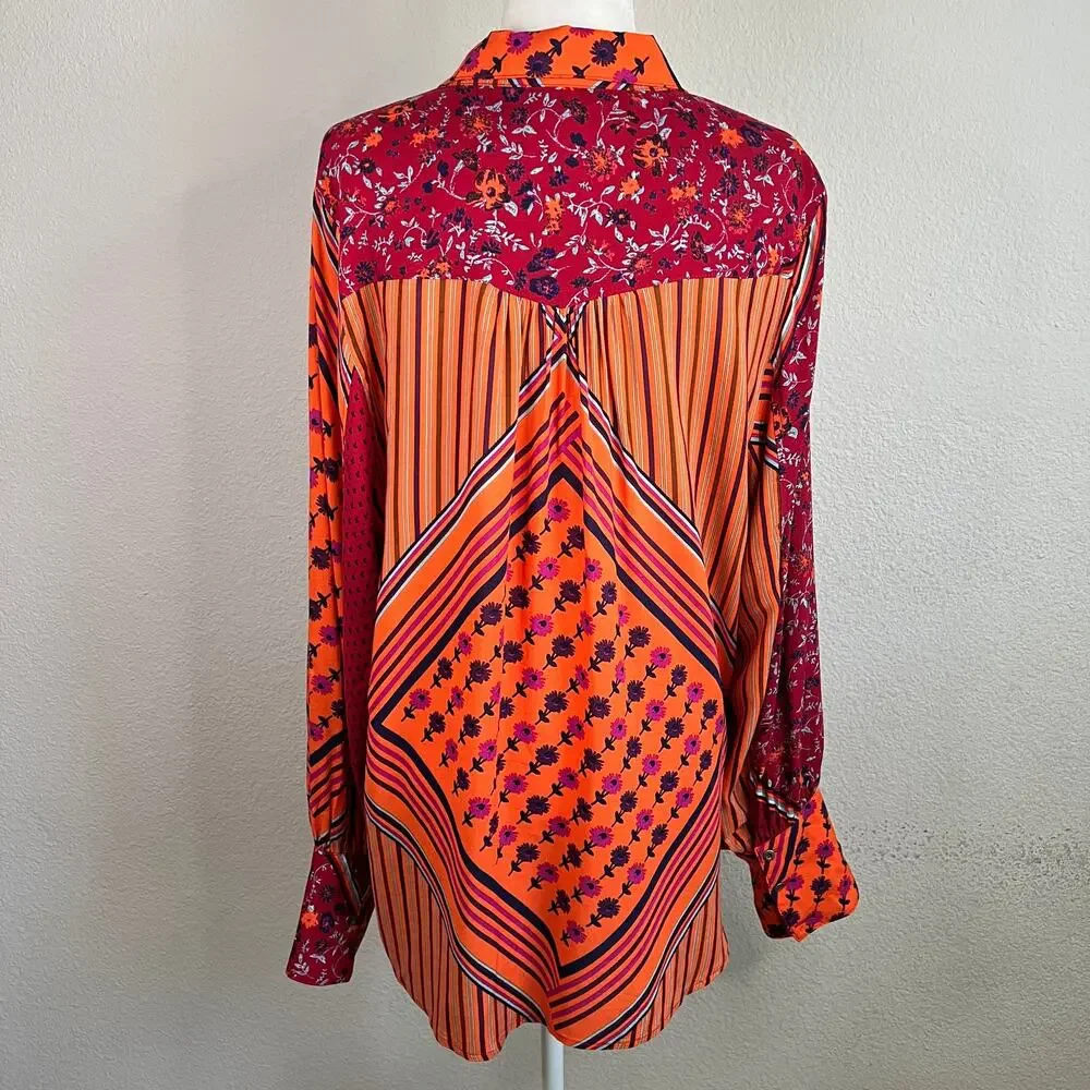 Free People Hazel Patchwork Chili Pepper Button Down Blouse Womens XL Artsy Boho